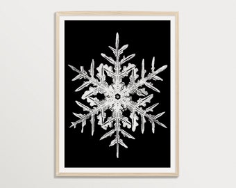 Stampa fiocco di neve, arte della parete invernale, arredamento minimalista, bianco e nero