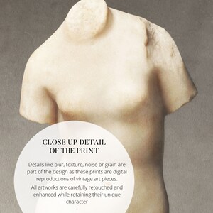 May include: Close-up detail of a vintage art print showing a white marble sculpture of a torso. The print has a textured surface and subtle imperfections, adding to its unique character. The text on the print reads: "Close Up Detail of the Print. Details like blur, texture, noise or grain are part of the design as these prints are digital reproductions of vintage art pieces. All artworks are carefully retouched and enhanced while retaining their unique character. Still imperfect but beautiful for that very reason."