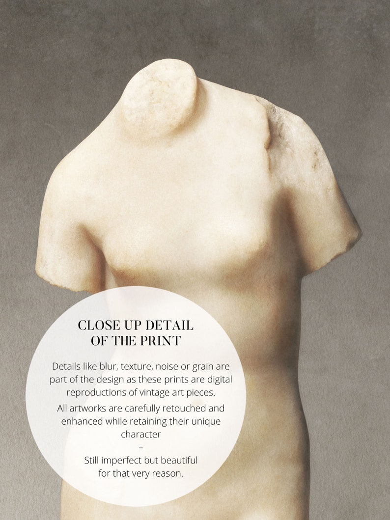 May include: Close-up detail of a vintage art print showing a white marble sculpture of a torso. The print has a textured surface and subtle imperfections, adding to its unique character. The text on the print reads: "Close Up Detail of the Print. Details like blur, texture, noise or grain are part of the design as these prints are digital reproductions of vintage art pieces. All artworks are carefully retouched and enhanced while retaining their unique character. Still imperfect but beautiful for that very reason."