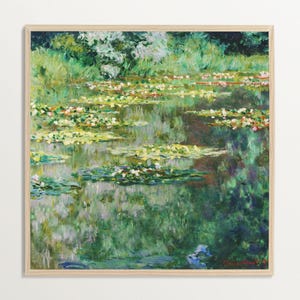 Monet Water Lily Wall Art – Square Green Pond Print, French Cottage Decor, Impressionist Nature Painting for Living Room