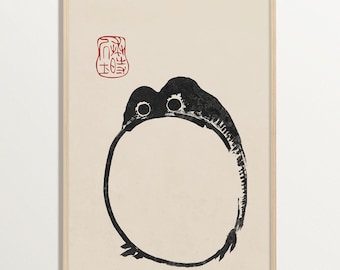 松本宝司作「無感動なカエル」木版画、日本の木版画、侘び寂びの壁掛け
