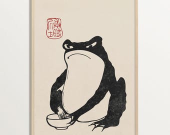 Muurkunst Matsumoto Hoji Frog – Japanse houtsnede, niet onder de indruk kikkerprint, minimalistisch Wabi Sabi-kunstwerk