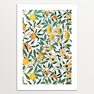 Puede incluir: Una ilustraci&oacute;n bot&aacute;nica vintage con un patr&oacute;n repetitivo de hojas verdes, limones amarillos y flores naranjas. El dise&ntilde;o est&aacute; sobre un fondo blanco.