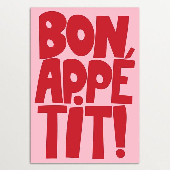 Bon Appétit Typography Print – Pink and Red Kitchen Wall Art, French Quote Poster, Modern Dining Room Decor