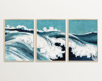Japanese Wave Wall Art Set of 3 Prints – Vintage Woodblock Print Triptych, Blue Ocean Wave Poster Set, Coastal Decor, Japanese Artwork