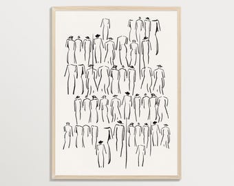 Vintage tekening – mensen | Abstracte schetskunst, minimalistische muurkunst, figuurtekening