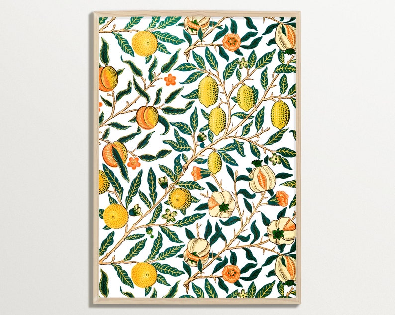 William Morris Print shows one of his pattern designs with various fruits such as lemons and other cirtrus fruits. Branches, various leaves, fruits and some small flowers are arranged on a white background.