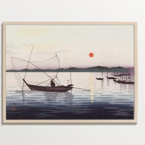 Japanese Woodblock Print – Boats and Setting Sun | Ukiyoe Poster, Vintage Japanese Landscape Poster, Japandi Wall Art