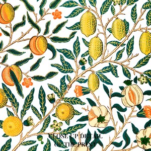 Puede incluir: Un patr&oacute;n sin costuras que presenta un dise&ntilde;o repetitivo de limones, melocotones y granadas sobre un fondo blanco. Las frutas se representan en un estilo vintage estilizado con una gama de colores amarillo, naranja y blanco. Las hojas son de color verde oscuro.