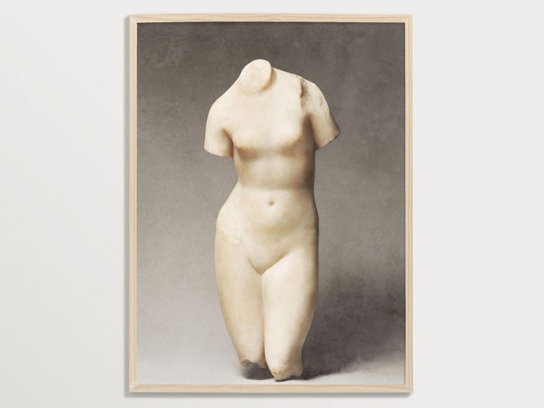 May include: A white marble sculpture of a female torso, with a smooth, polished surface. The sculpture is displayed against a neutral gray background.