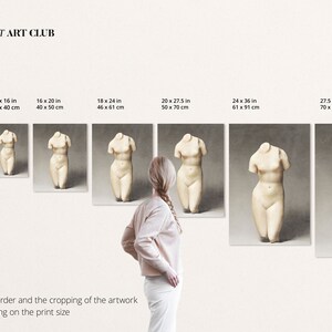 May include: A print size guide for art prints featuring a series of images of a white marble sculpture of a female torso. The images show the sculpture at different sizes, ranging from 8 x 10 inches to 27.5 x 39 inches. The text "THE IMPERFECT ART CLUB" and "Print Size Guide" is at the top of the image.