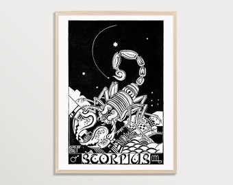SCORPIO Star Sign Print | Astrology Poster, Woodblock Print, Scorpio Birthday Gift