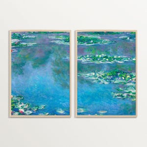 Monet Water Lilies Wall Art Set – Impressionist Landscape Painting Print Set of Two, French Garden Decor, Blue Green Art for Living Room