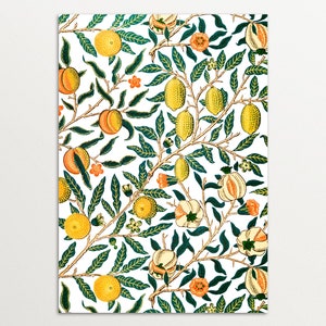 Puede incluir: Un fondo blanco con un patr&oacute;n repetido de hojas verdes, limones amarillos y flores naranjas. El patr&oacute;n es una ilustraci&oacute;n de estilo vintage.