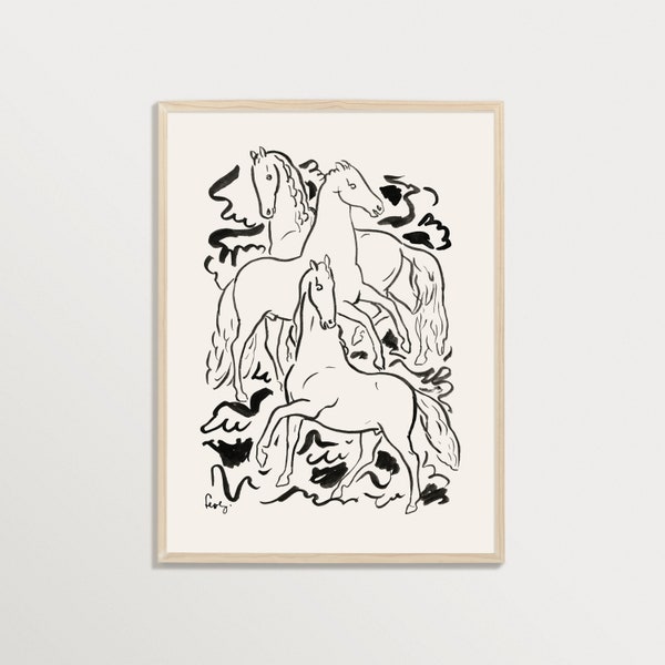 Impression de dessin au trait – Trois chevaux | Art abstrait de croquis, art mural minimaliste, impression de dessin à l'encre