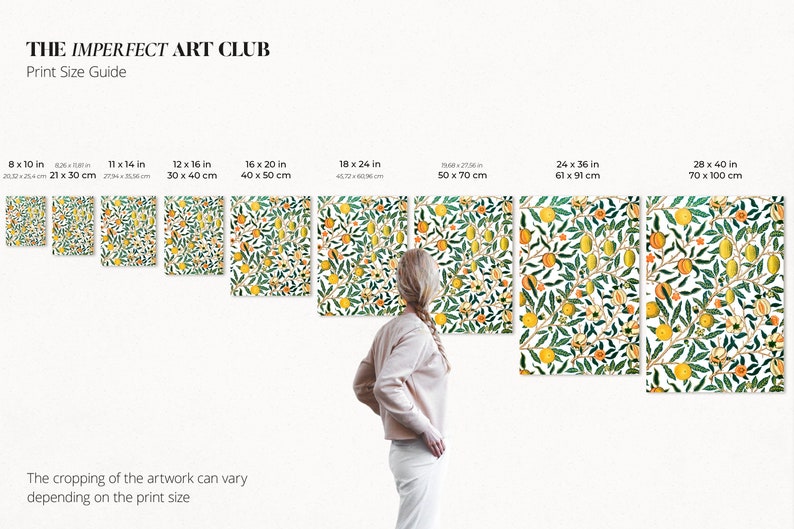 Puede incluir: Una gu&iacute;a de tama&ntilde;os de impresi&oacute;n para obras de arte, que muestra diferentes tama&ntilde;os de una impresi&oacute;n de limonero sobre fondo blanco. Los tama&ntilde;os se indican en pulgadas y cent&iacute;metros. El texto "THE IMPERFECT ART CLUB" est&aacute; en la parte superior de la imagen. El texto "Print Size Guide" est&aacute; debajo del t&iacute;tulo. El texto "The cropping of the artwork can vary depending on the print size" est&aacute; en la parte inferior de la imagen.
