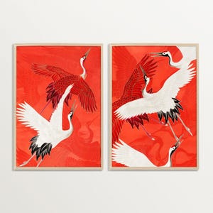 Japanese Crane Wall Art – Set of 2 Red Crane Prints, Oriental Bird Poster, Bold Asian Home Decor, Vintage Style Artwork, Gift for Her