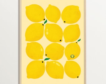 Zitronen Poster Retro – Gelbes Wandbild für Küche, Dopamin Deko, Verspielter Kunstdruck mit Früchten, Pop Art Stil für Esszimmer & Galerie