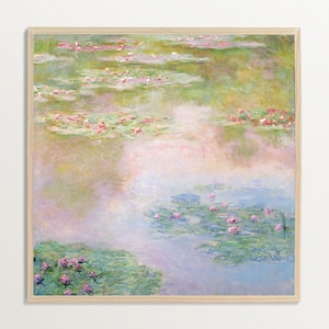 Monet Water Lily Print – Square Pink and Green Pond Wall Art , French Country Decor, Pastel Landscape Painting Print