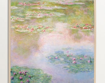Puede incluir: Pintura enmarcada de un jardín acuático con nenúfares y flores rosas. La obra presenta pinceladas suaves y una paleta de colores pastel de verdes, rosas y azules, creando una escena serena e impresionista.