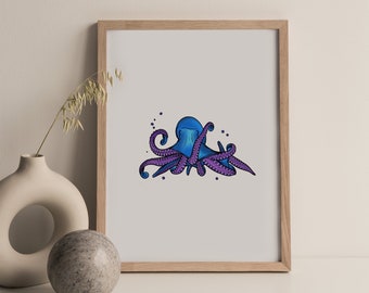 Purple Blue Octopus Print Home Décor Printable Wall Art Nautical Ocean Aquatic Nursery Downloadable 5x7" and 8x10"
