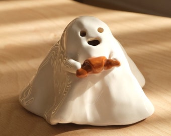 Handmade Ceramic Croissant Ghost Incense Burner: Spooky Halloween Decor