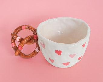 Pretzel Mug With Too Much Love Handmade Ceramic Pottery Unique Handle Coffee Lover Cup Home Decoration Gift For Pretzel Lover Gift