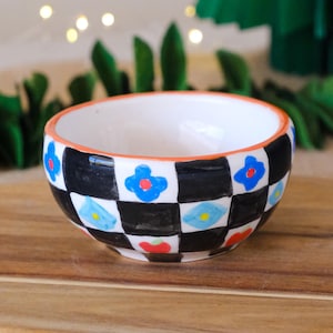 Pottery Checkered Small Bowl With Flowers Handmade Ceramic Unique Kitchen Decor Pottery Bowl Christmas gift Festive