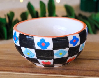 Handmade Checkered Pottery Bowl: Small Ceramic Kitchen Decor
