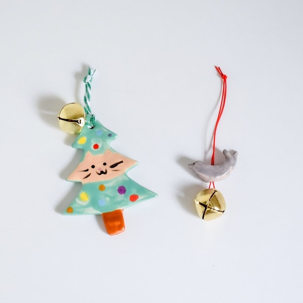 Ceramic Christmas Tree Decor Set | Pack of 2, Cat & Seal Decor, Xmas Tree Ornament, Handmade Pottery, Unique Ornaments for Tree Decoration