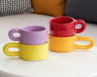 Tasses à café colorées : tasses en poterie tournées, tasse de petite taille en céramique faite main, verres uniques