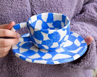 Blue Checkered Mug & Saucer Set | Handmade Ceramic Unique Coffee Cup, Gift or Use It