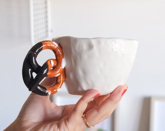 Handmade Chocolate Dipped Pretzel Mug | Ceramic Unique Handle Coffee Cup Pottery Collection Decoration Gift Valentines Day Gift for her