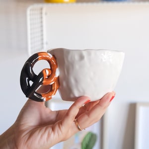 Handmade Chocolate Dipped Pretzel Mug Ceramic Unique Handle Coffee Cup Pottery Collection Decoration Gift Valentines Day Gift for her