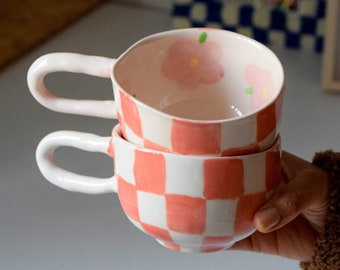 Groovy Flowered Checkered Mug | Handmade Ceramic Unique Coffee Cup Cute Gift