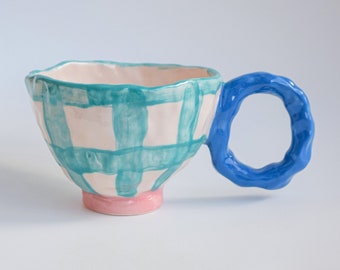 Handmade Checkered Ceramic Mug: Unique Coffee Cup Gift