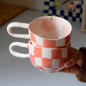 Handmade Ceramic Coffee Cup: Groovy Flowered Checkered Mug