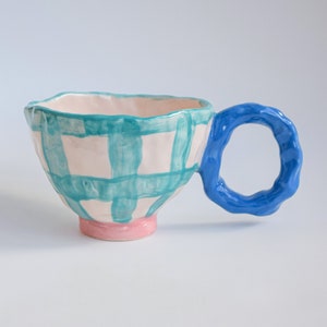 Handmade Checkered Ceramic Mug: Unique Coffee Cup Gift