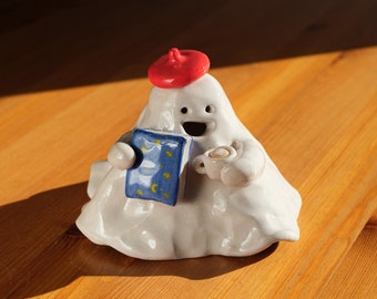 Red Beret Bookworm Ghost Ceramic Incense Burner Handmade Cute Ornament Halloween Decor Candle Holder Home Design Made to Order