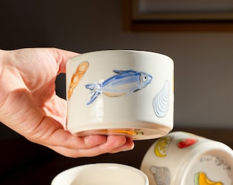 Handmade Ceramic Coffee Mug: Mediterranean Sardines, Summer Kitchen Decor