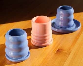 Taza de cerámica hecha a mano con forma de burbuja, con platillo, vaso y posavasos de cerámica, diseño ondulado único
