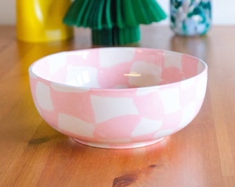 Pink Checkered Large Bowl | Handmade, Ceramic, Pottery, Serving, Decoration for Your Kitchen