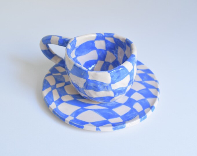 Light Blue Checkered Mug & Saucer Set Etsy