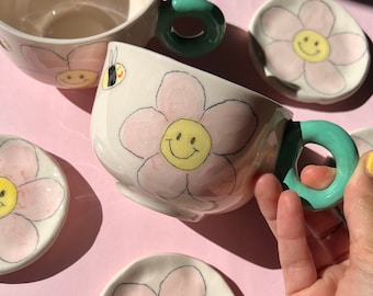 Bee Happy Mug | Handmade Ceramic Mug , Coffee Mug, Flower ,Bee, Illustrative Mug, Unique, Christmas Gift
