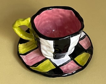 Handmade Funky Ceramic Mug & Saucer Set: Colorful Pottery Coffee Cup