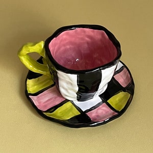 Funky Mug & Saucer Set | Handmade Ceramic, Unique Coffee Pottery Cup, Colorful
