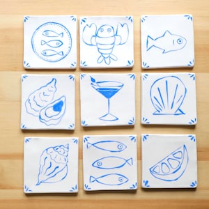 Nautical Wall Art Handmade Ceramic Tiles Blue and White Coastal Wall Decor Sea Life Pottery Nautical Kitchen Handpainted Tile Set of 9