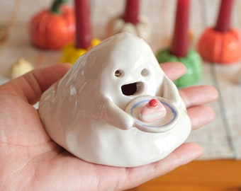 Sweet Tooth Ghost Ceramic Incense Burner Handmade Cute Halloween Decor Spooky Figurine Tea Light Holder Seasonal Home Decoration