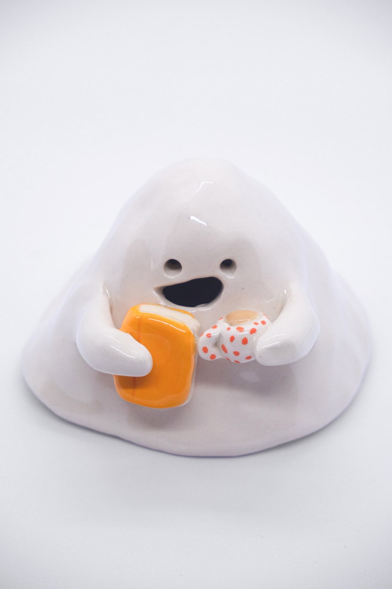 Coffee & Book Ghost Ceramic Incense Burner Handmade Cute Halloween