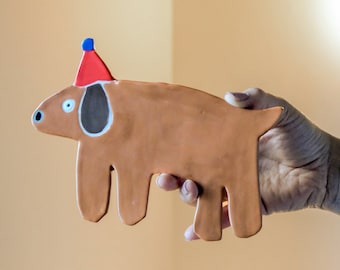 Party Hat Dachshund Ceramic Plate Pottery Dish Unique Jewelry Stand Home Decoration Pet Lover Gift